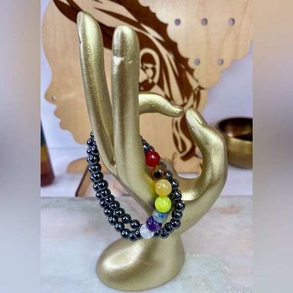 Handmade Hematite Rainbow Chakra Mixed Gemstone Bead Bracelet Set of 2 - Picture 5 of 7